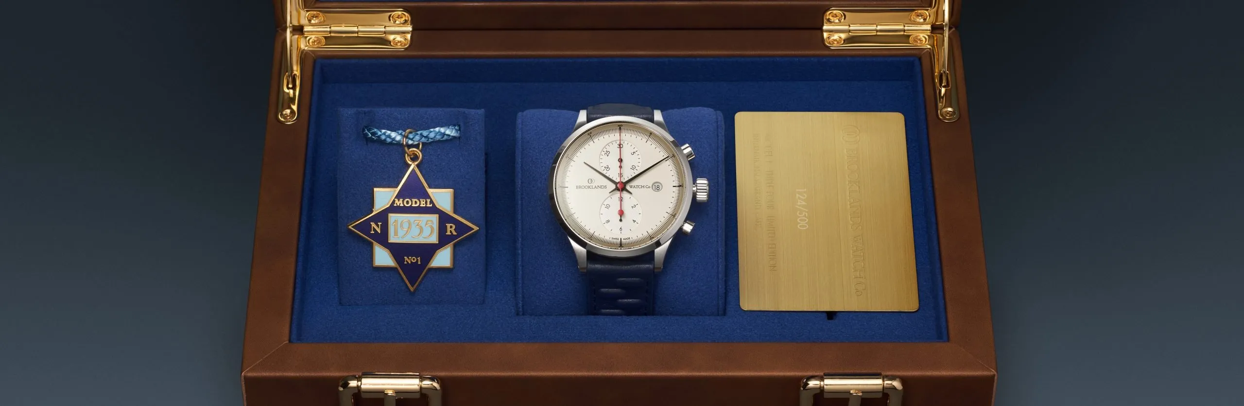 Presentation box open of Triple four, Model 1 Racing Chronograph by Brooklands Watches.